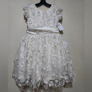 Ropones Girls Cream Floral And Pearl Apligue Formal Wedding Baptism Dress Sz-14